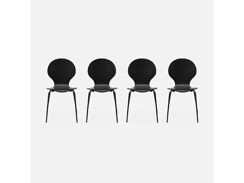Lot de 4 chaises noires rétro empilables. bois d'hévéa et contreplaqué. pieds en acier. Naomi. L 43 x P 48 x H 87cm