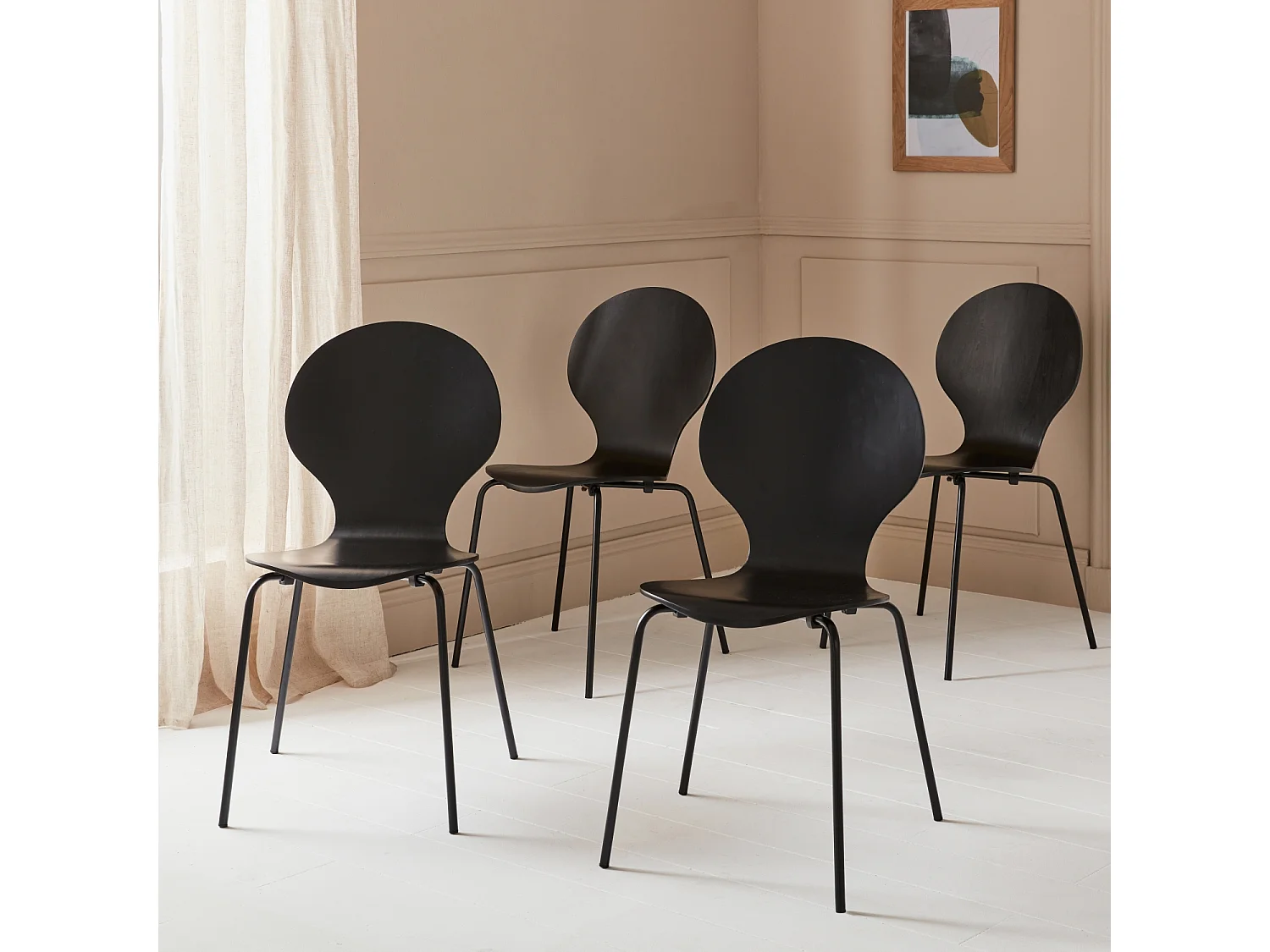 Sillas apilables retro, madera y contrachapado, set de 4 negro