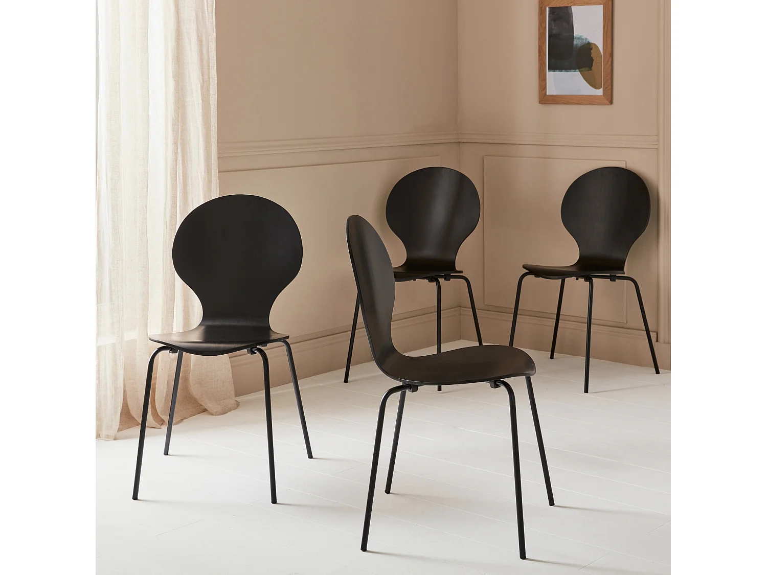 Sillas apilables retro, madera y contrachapado, set de 4 negro