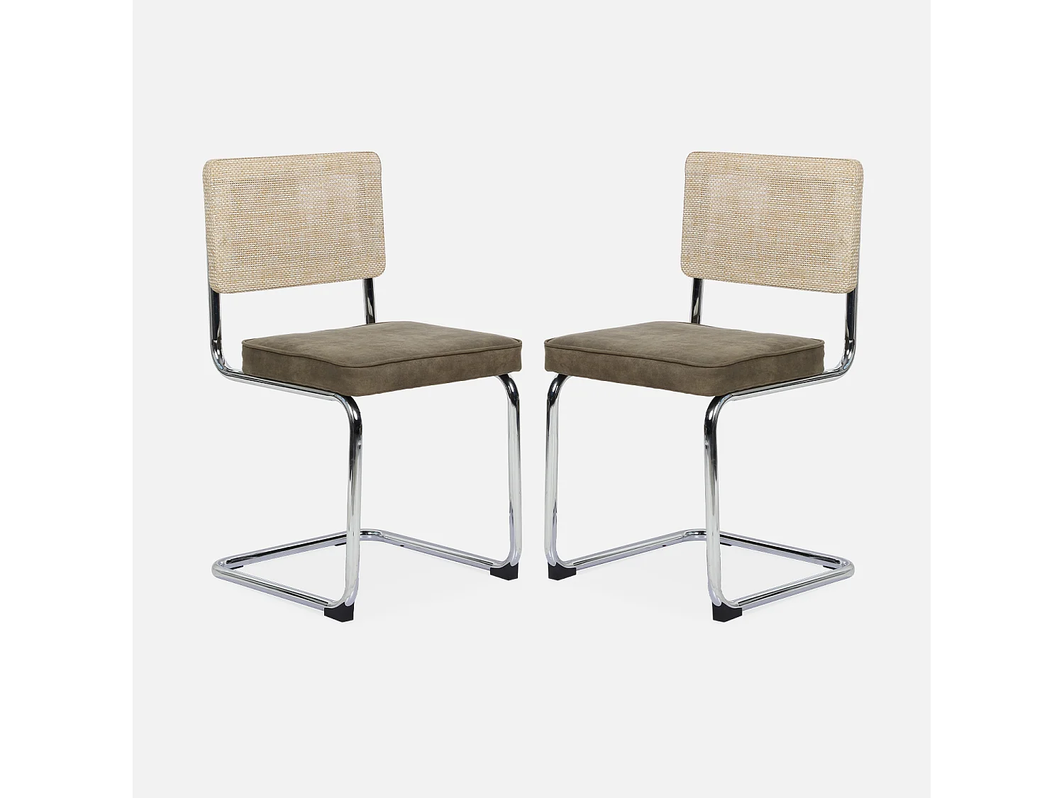 2 chaises cantilever - Maja - tissu kaki et résine effet rotin. 46 x 54.5 x 84.5cm