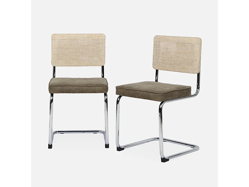 2 chaises cantilever - Maja - tissu kaki et résine effet rotin. 46 x 54.5 x 84.5cm