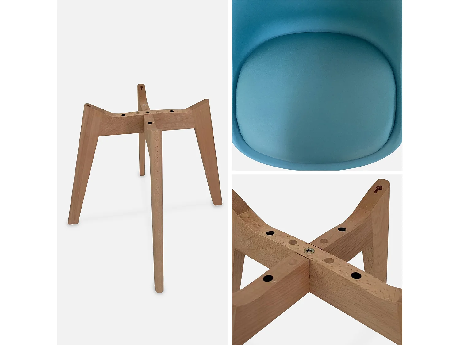 Lot de 4 chaises scandinaves. pieds bois de hêtre. chaises 1 place. bleu canard