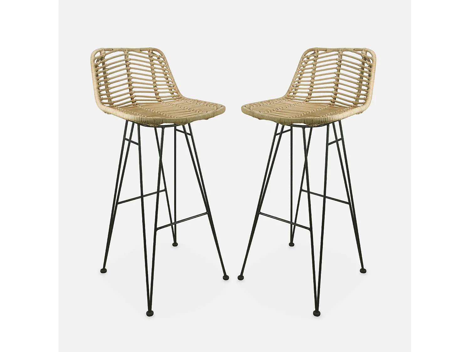 Set di 2 sgabelli da bar in metallo e rattan, marrone naturale