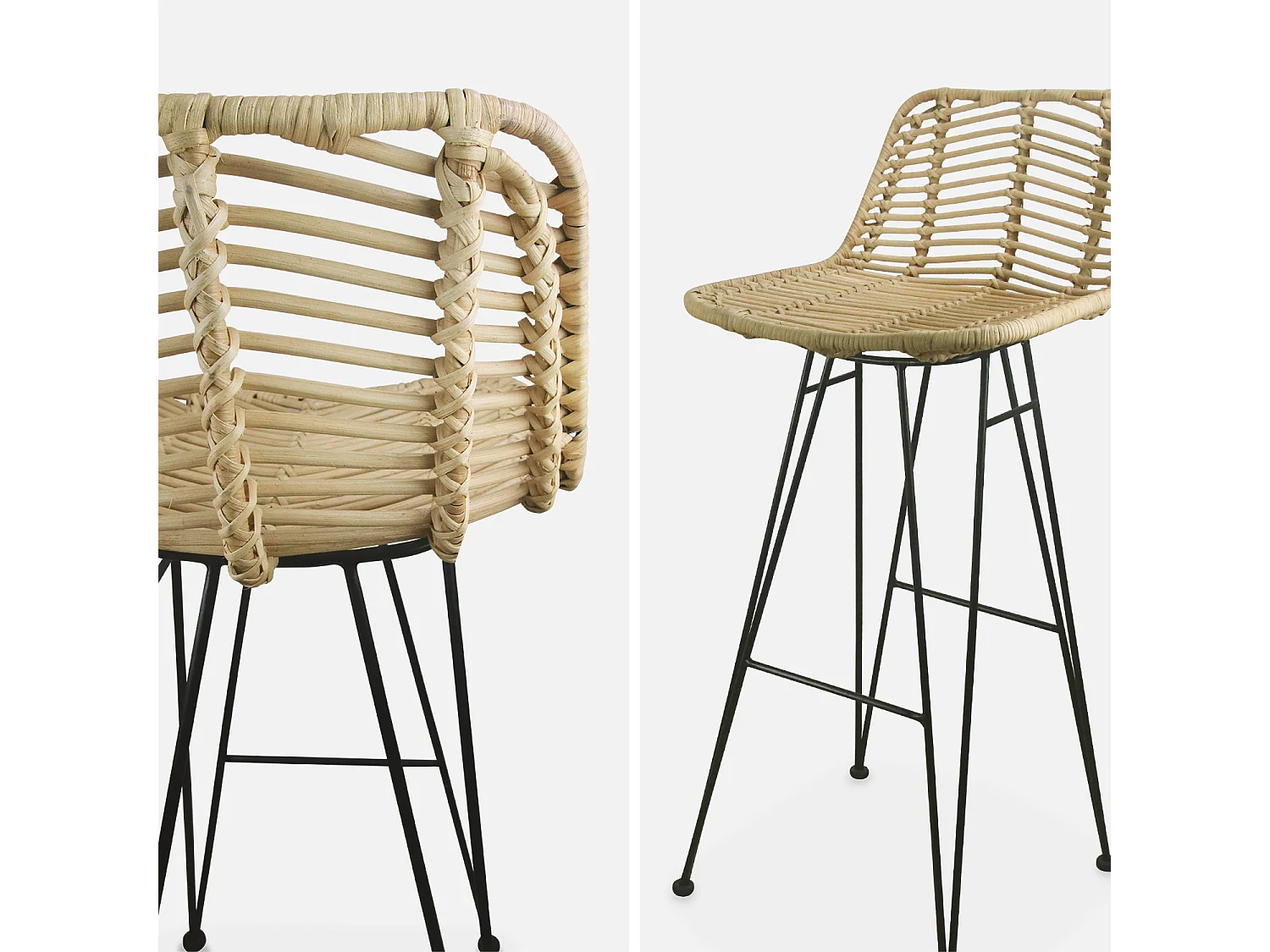 Set di 2 sgabelli da bar in metallo e rattan, marrone naturale