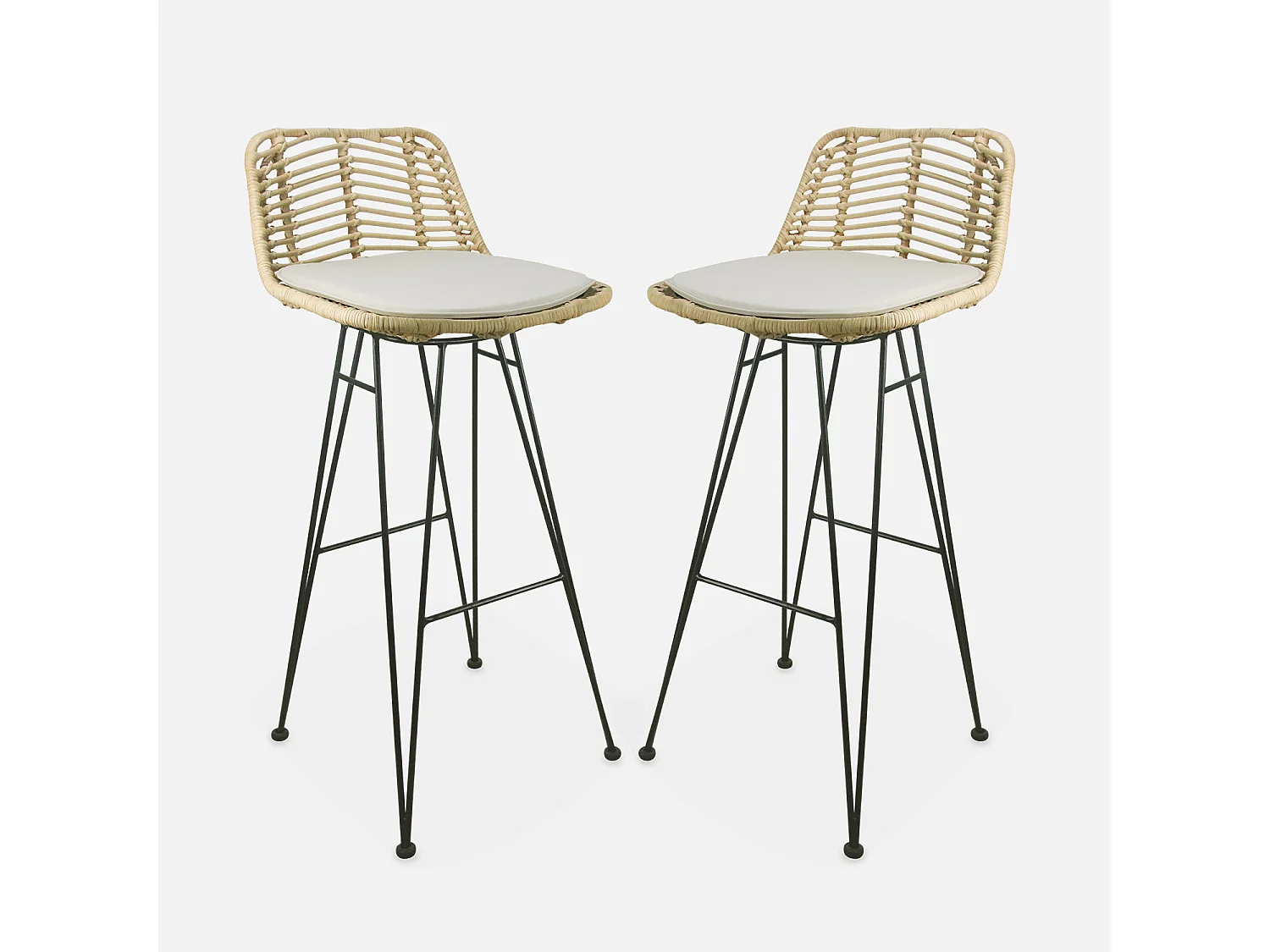Taburete de bar de metal y ratán, set de 2 beige