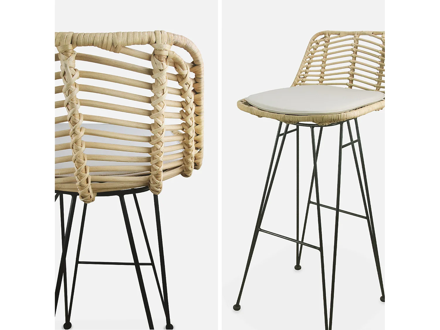 Taburete de bar de metal y ratán, set de 2 beige