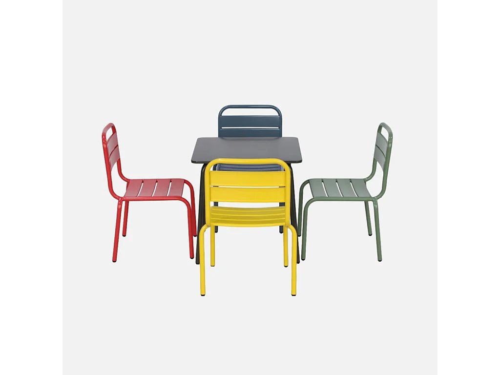 Salon de jardin enfant. table et chaises métal + 4 assises Anna - Multicolore. 48x48cm