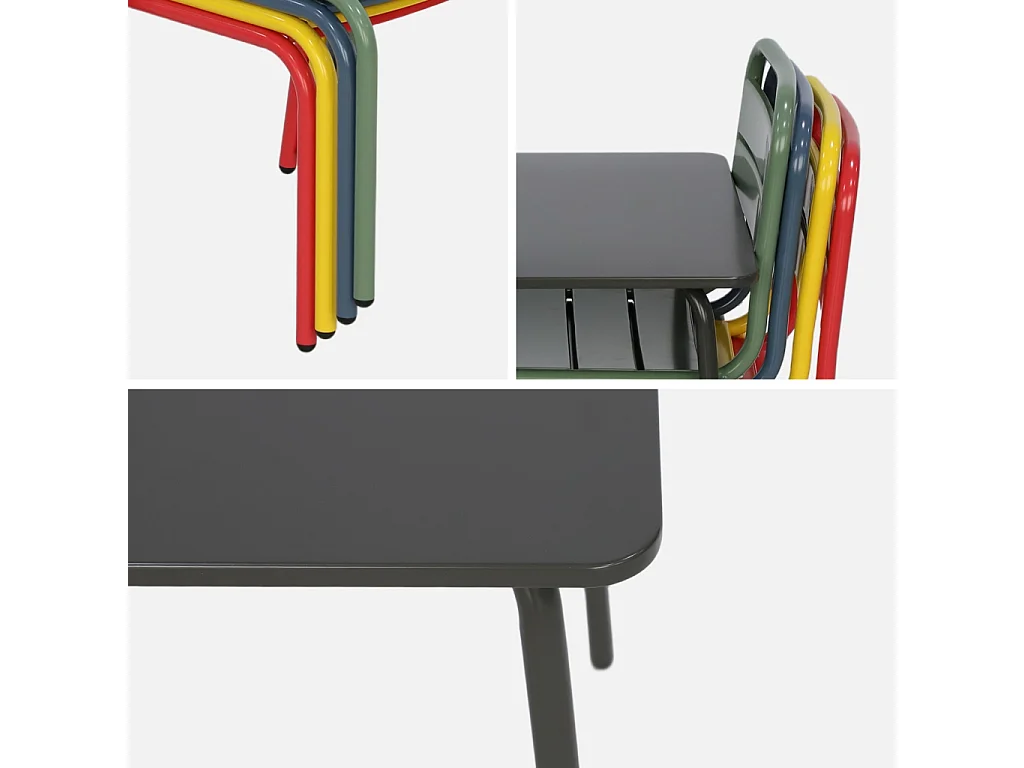 Salon de jardin enfant. table et chaises métal + 4 assises Anna - Multicolore. 48x48cm