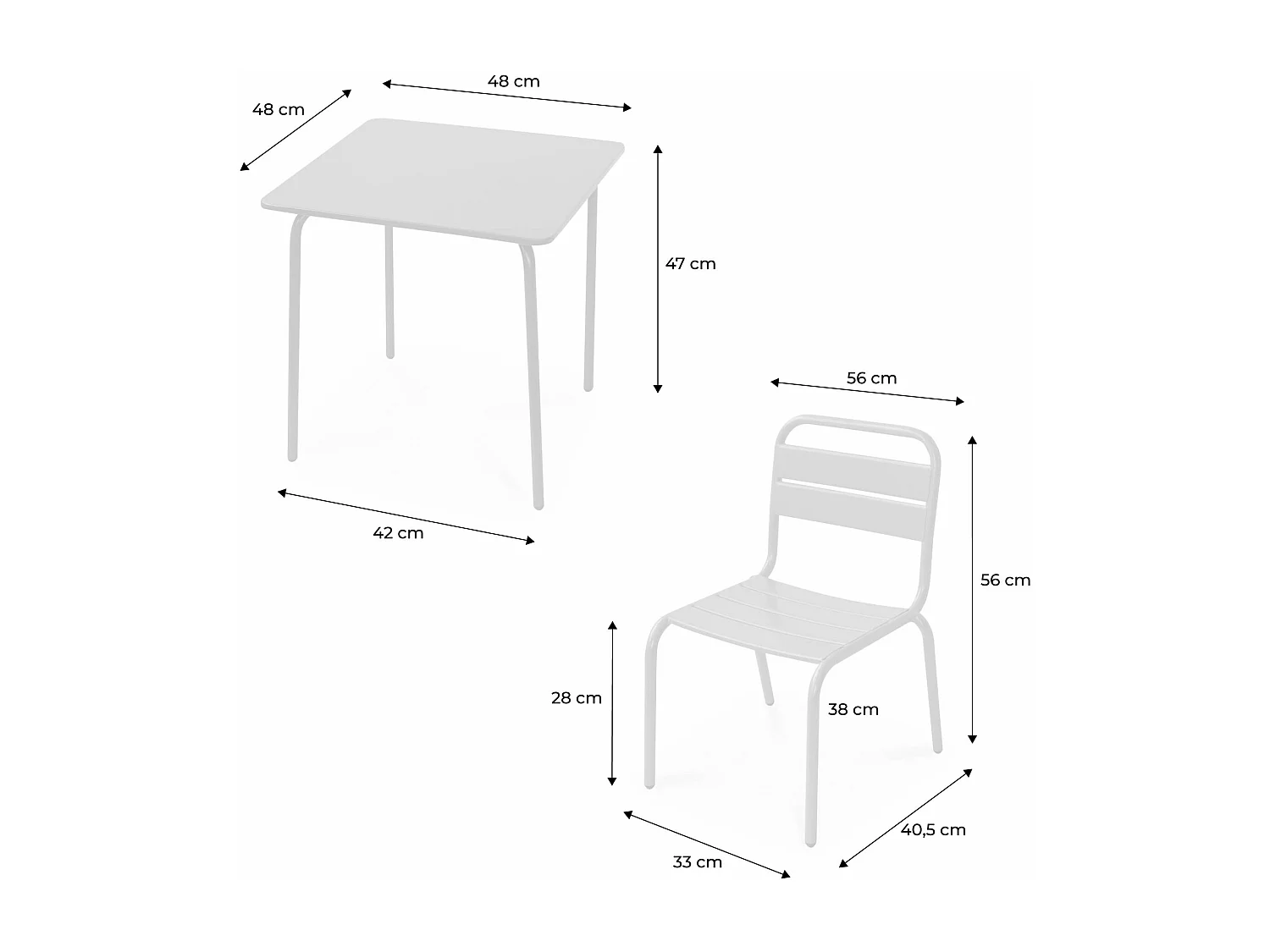 Salon de jardin enfant. table et chaises métal + 4 assises Anna - Multicolore. 48x48cm