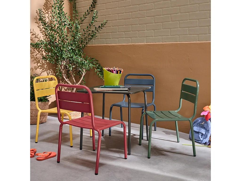 Salon de jardin enfant. table et chaises métal + 4 assises Anna - Multicolore. 48x48cm