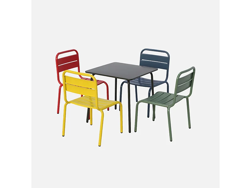Salon de jardin enfant. table et chaises métal + 4 assises Anna - Multicolore. 48x48cm