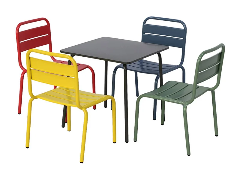 Salon de jardin enfant. table et chaises métal + 4 assises Anna - Multicolore. 48x48cm