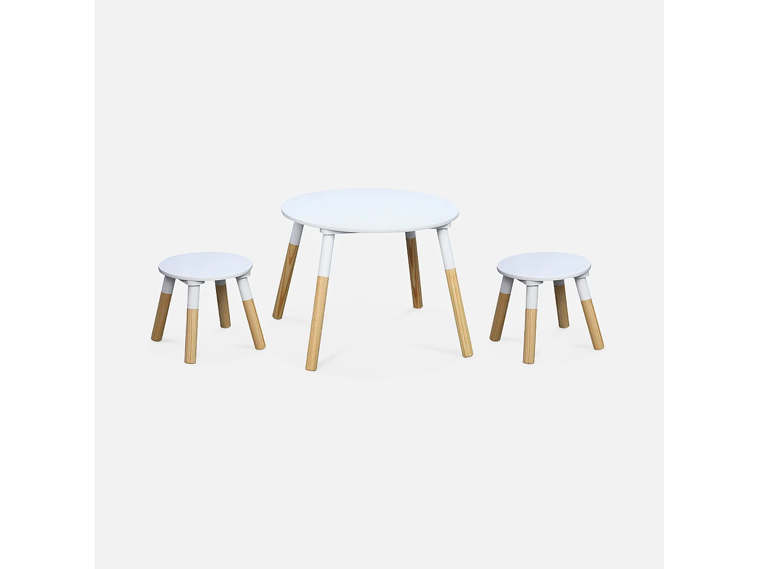 Table ronde pour enfants. deux tabourets TOBIAS - pin et MDF - Ø55 x H43CM