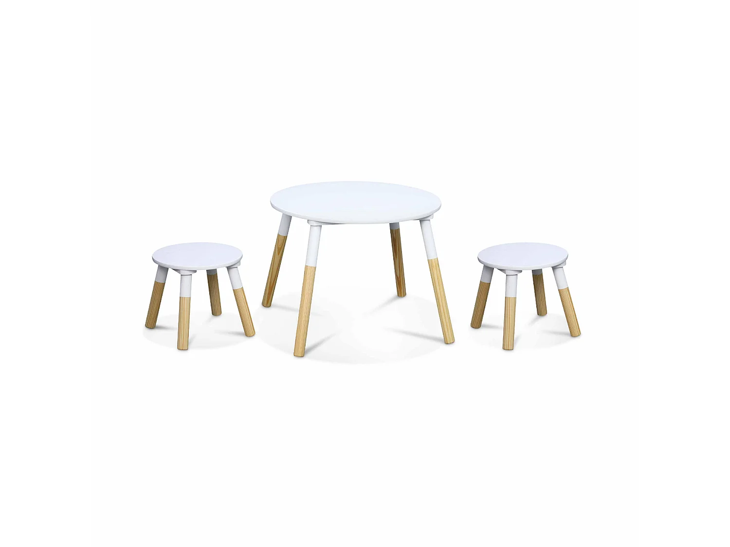 Table ronde pour enfants. deux tabourets TOBIAS - pin et MDF - Ø55 x H43CM