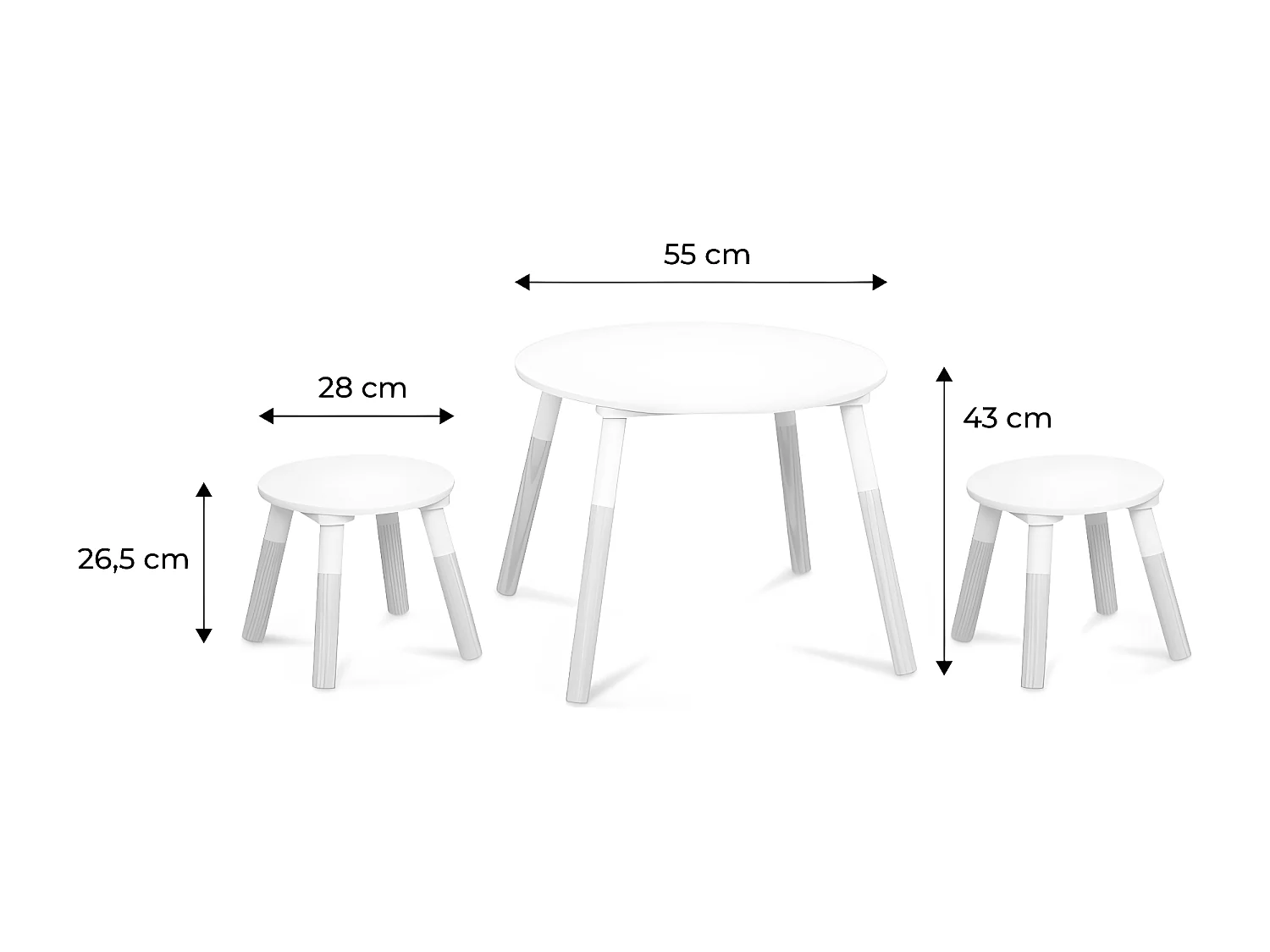Table ronde pour enfants. deux tabourets TOBIAS - pin et MDF - Ø55 x H43CM