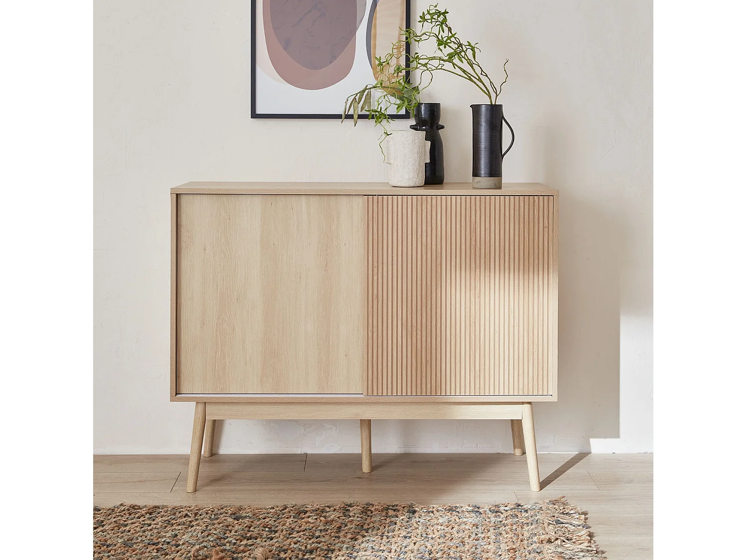 Buffet de rangement décor bois. 2 portes coulissantes. buffet haut. vaisselier. L 115 x l 39.5 x H 90cm - Linear