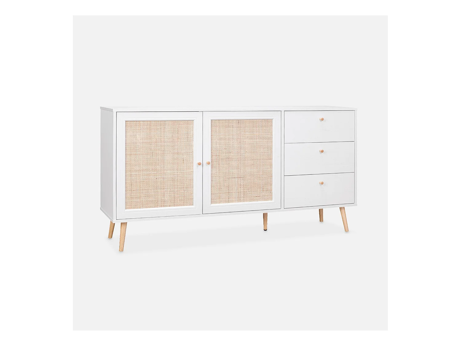 Buffet de rangement blanc en cannage 2 portes 3 tiroirs. buffet bas. L150 x l39 x H79cm - Bohème