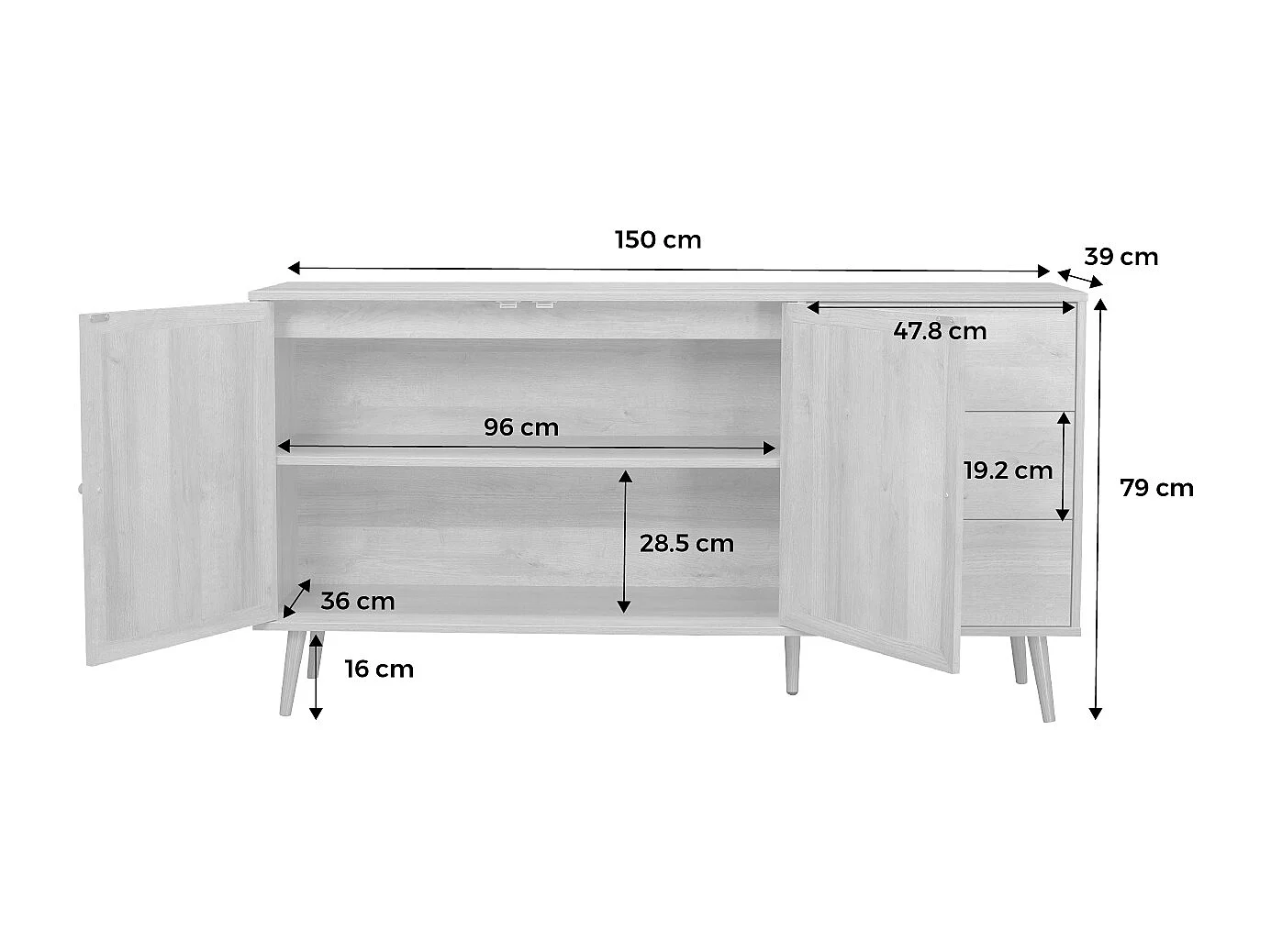 Aparador de caña, 150cm blanco roto