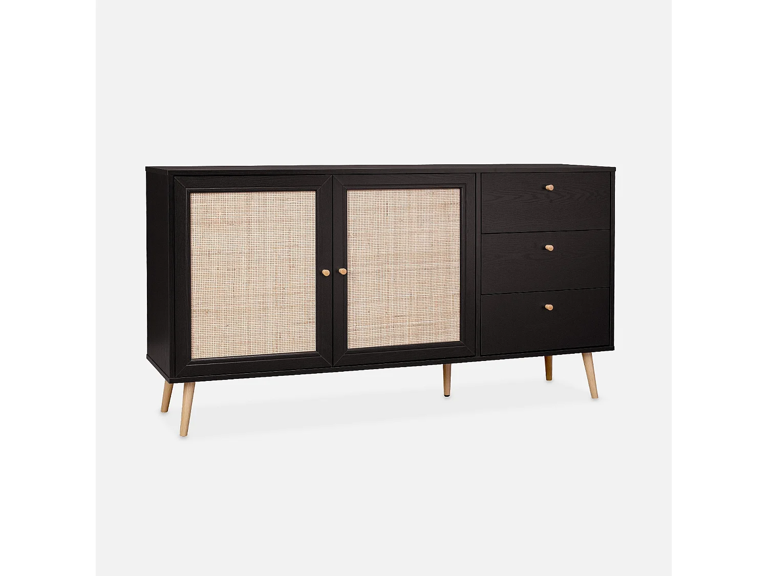 Buffet de rangement noir en cannage 2 portes 3 tiroirs. buffet bas. L150 x l39 x H79cm - Bohème