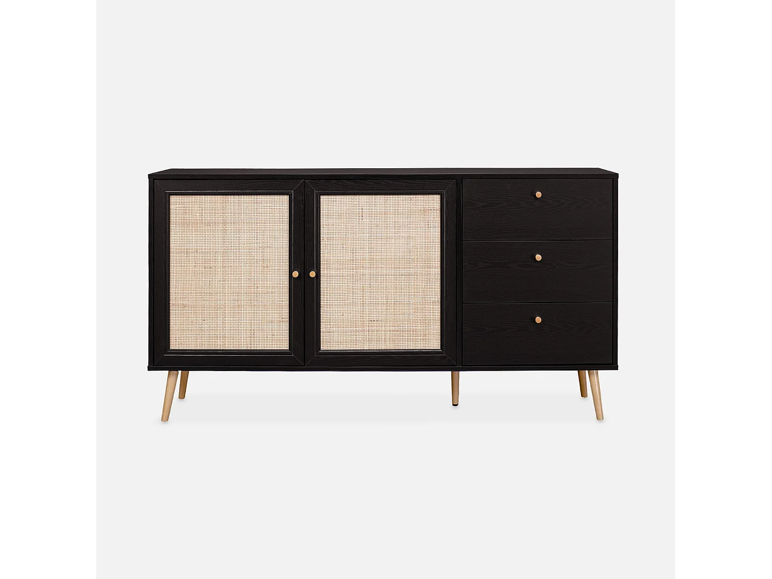 Buffet de rangement noir en cannage 2 portes 3 tiroirs. buffet bas. L150 x l39 x H79cm - Bohème