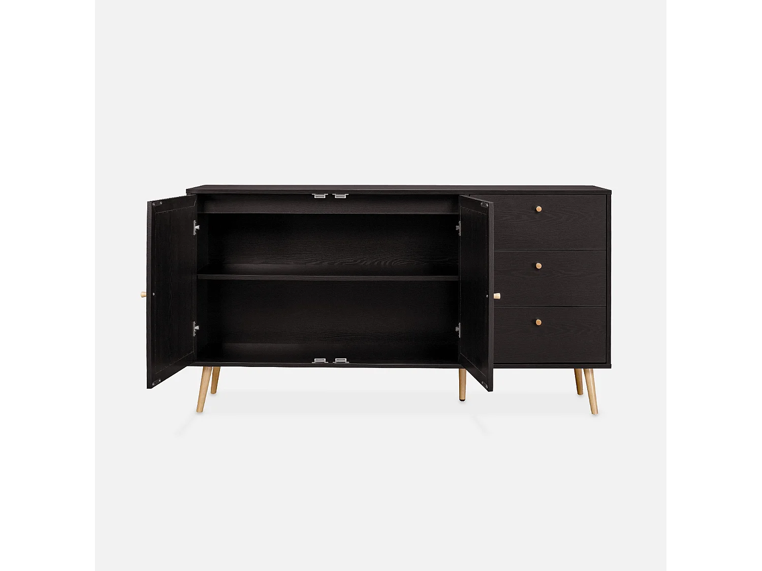 Buffet de rangement noir en cannage 2 portes 3 tiroirs. buffet bas. L150 x l39 x H79cm - Bohème