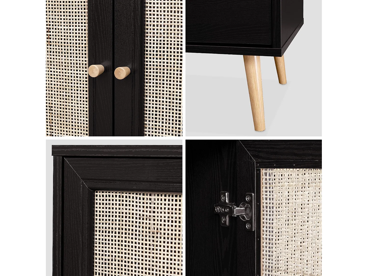 Buffet de rangement noir en cannage 2 portes 3 tiroirs. buffet bas. L150 x l39 x H79cm - Bohème