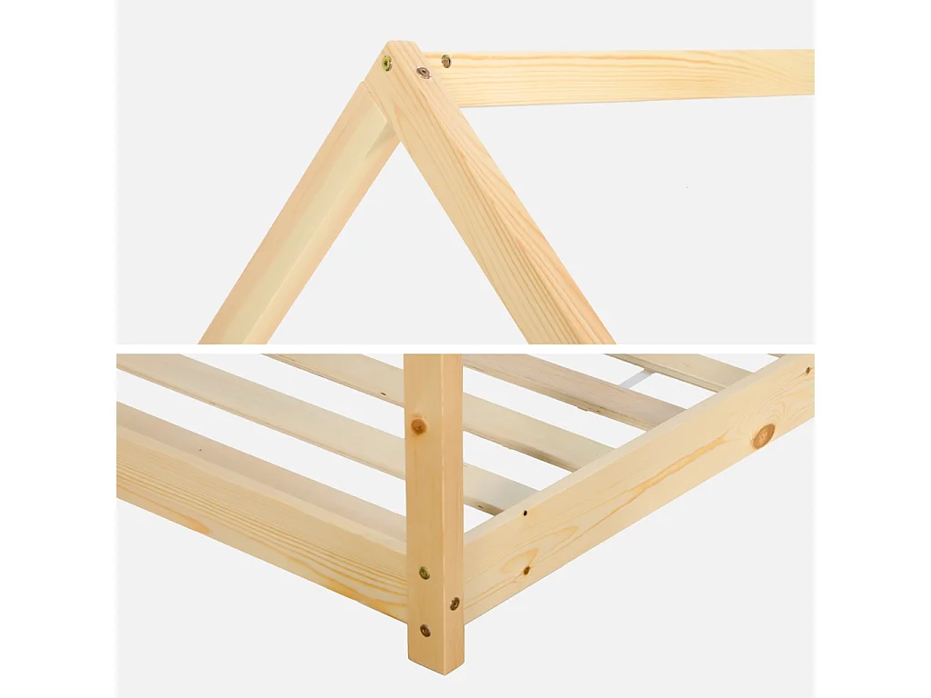 Lit cabane Montessori. bois massif en pin naturel - Tobias - sommier inclus. 90 x 190 cm