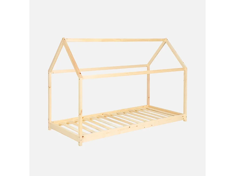 Lit cabane Montessori. bois massif en pin naturel - Tobias - sommier inclus. 90 x 190 cm