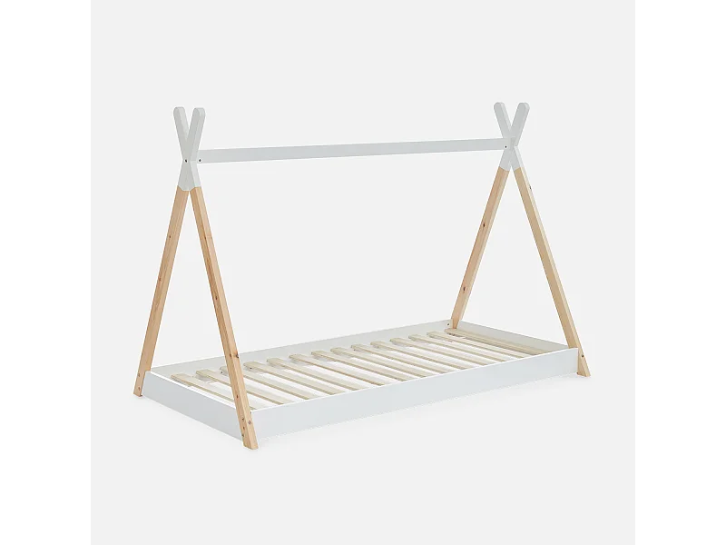 Letto tenda per bambini 190cm pino naturale, base inclusa, bianco