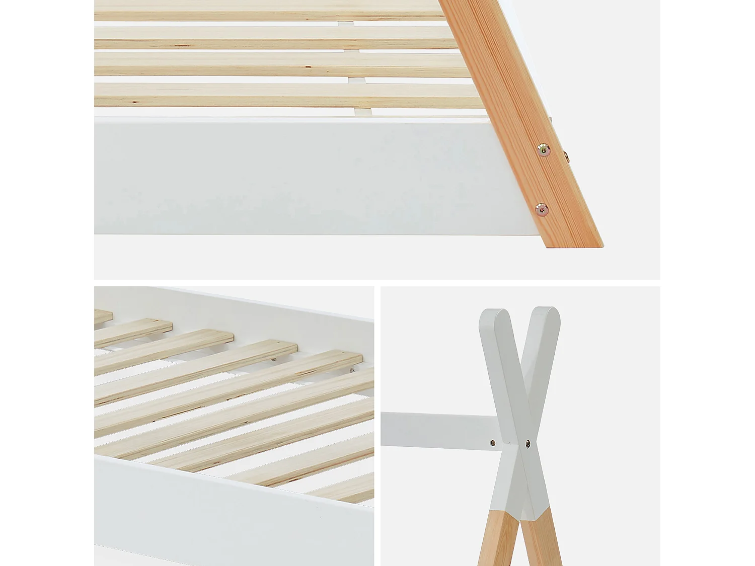 Letto tenda per bambini 190cm pino naturale, base inclusa, bianco