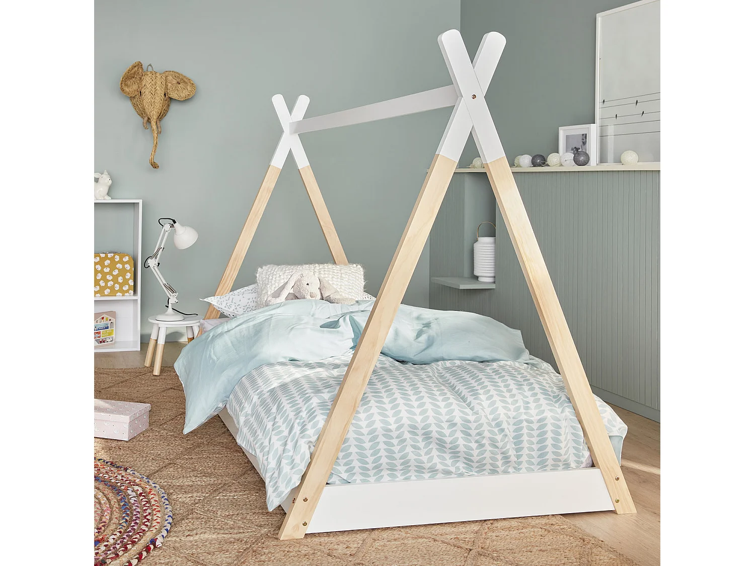 Letto tenda per bambini 190cm pino naturale, base inclusa, bianco