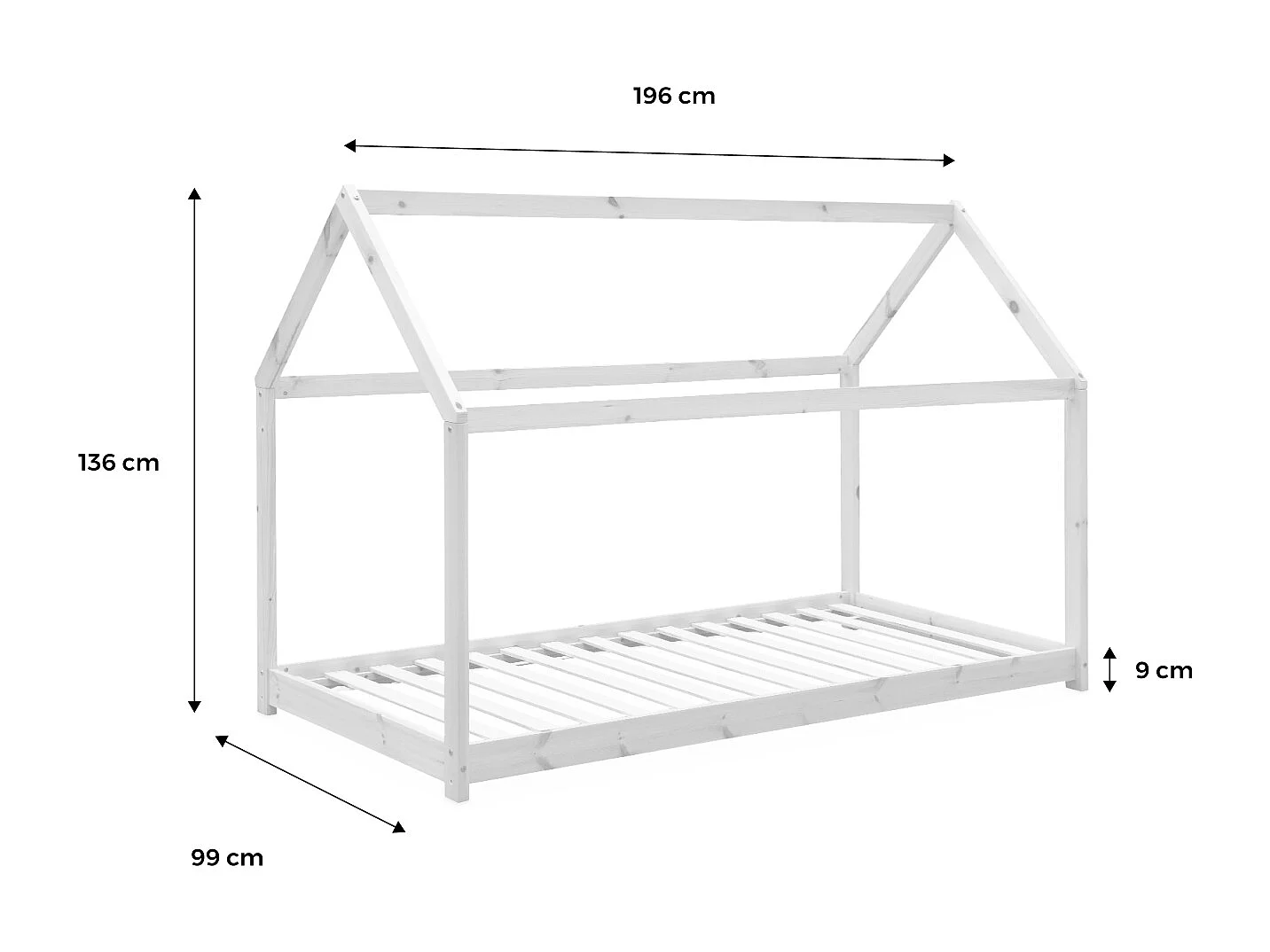 Cama infantil de pino natural, 90x190cm blanco