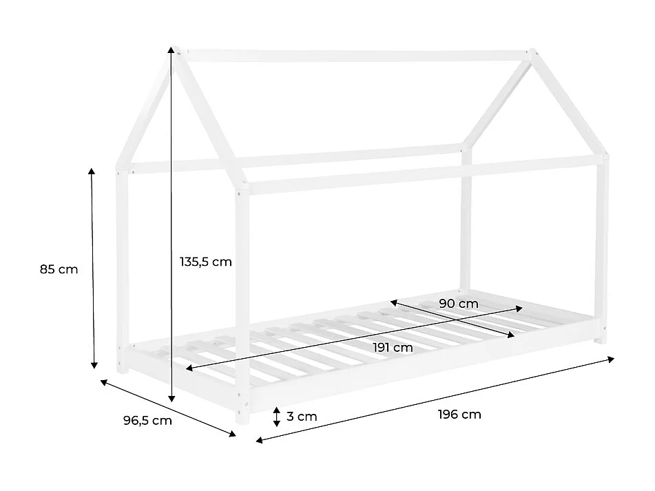 Cama infantil de pino natural, 90x190cm blanco
