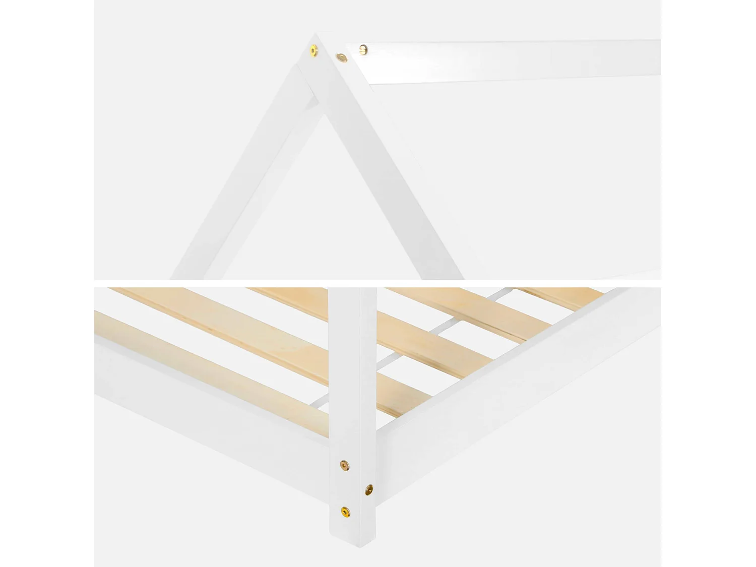 Lit cabane Montessori. bois massif en pin naturel blanc - Tobias - sommier inclus. 90 x 190 cm