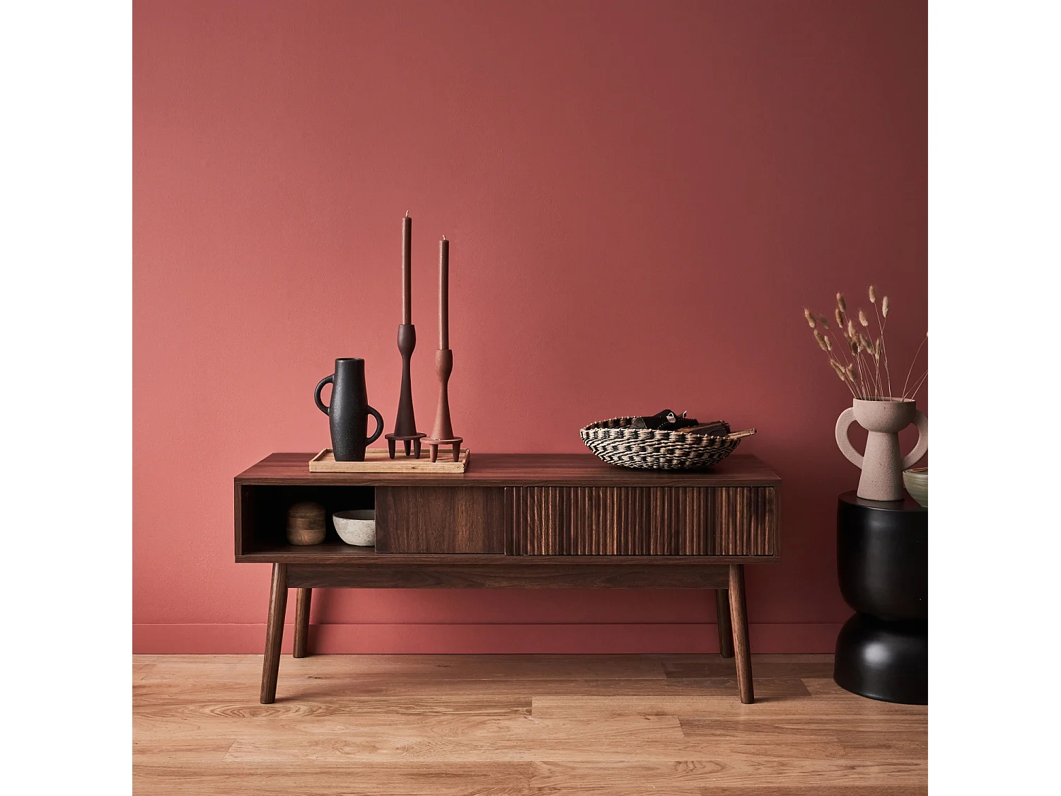 Mueble tv escandinavo efecto madera, 115cm madera oscura