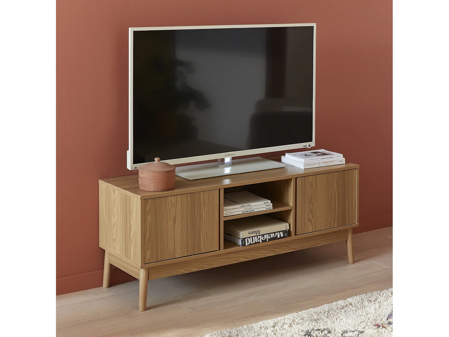 Mueble tv de efecto madera con 2 puertas, 120cm natural