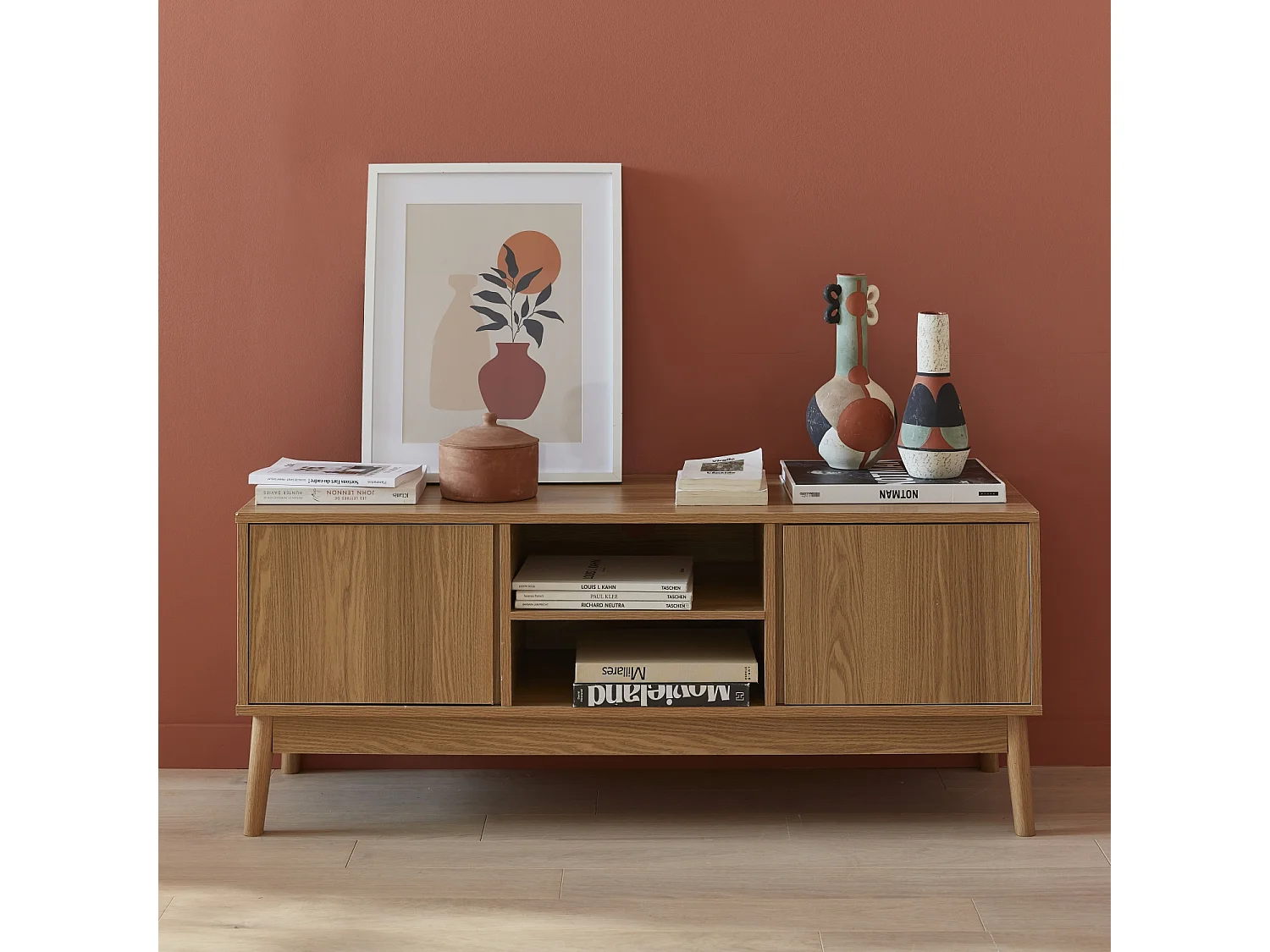 Mueble tv de efecto madera con 2 puertas, 120cm natural