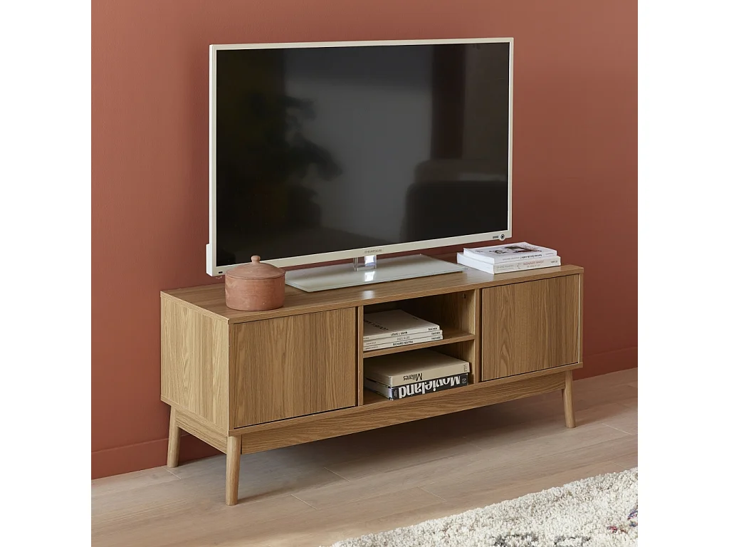 Mueble tv de efecto madera con 2 puertas, 120cm natural