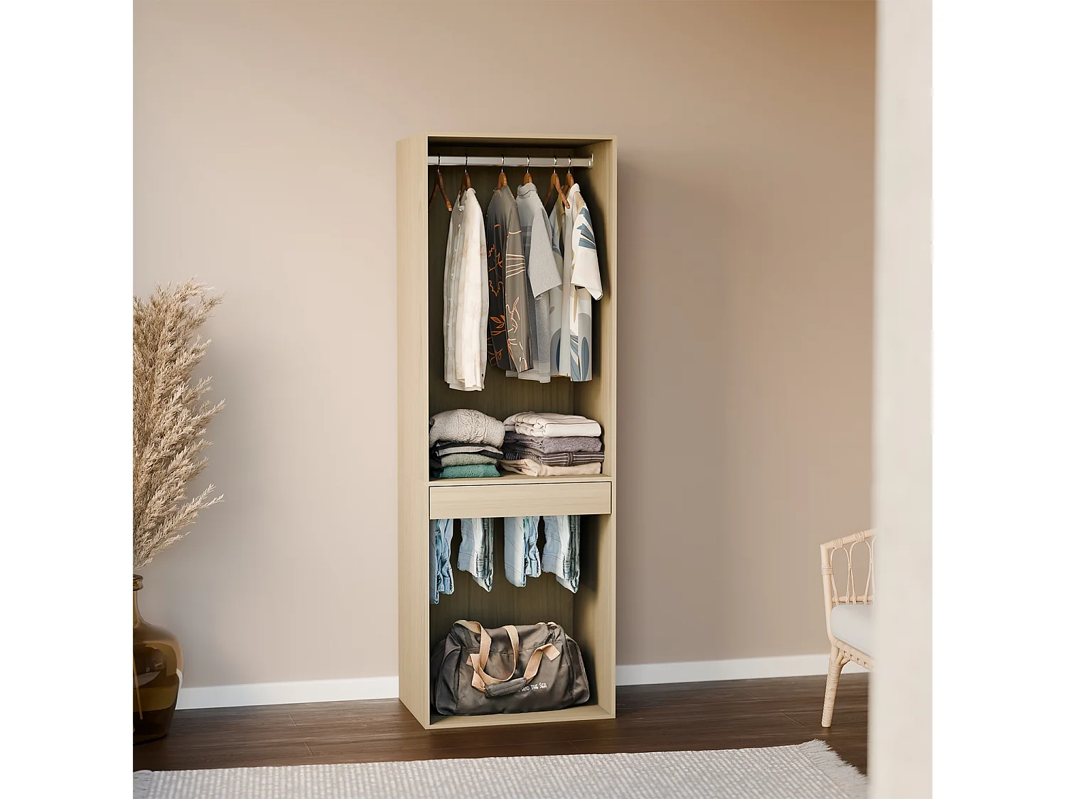 Module dressing avec penderie et porte-pantalons. naturel. panneaux stratifiés