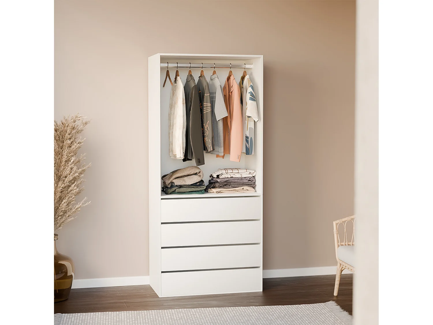 Modulo guardaroba con 4 cassetti e 1 spazio appendiabiti, bianco