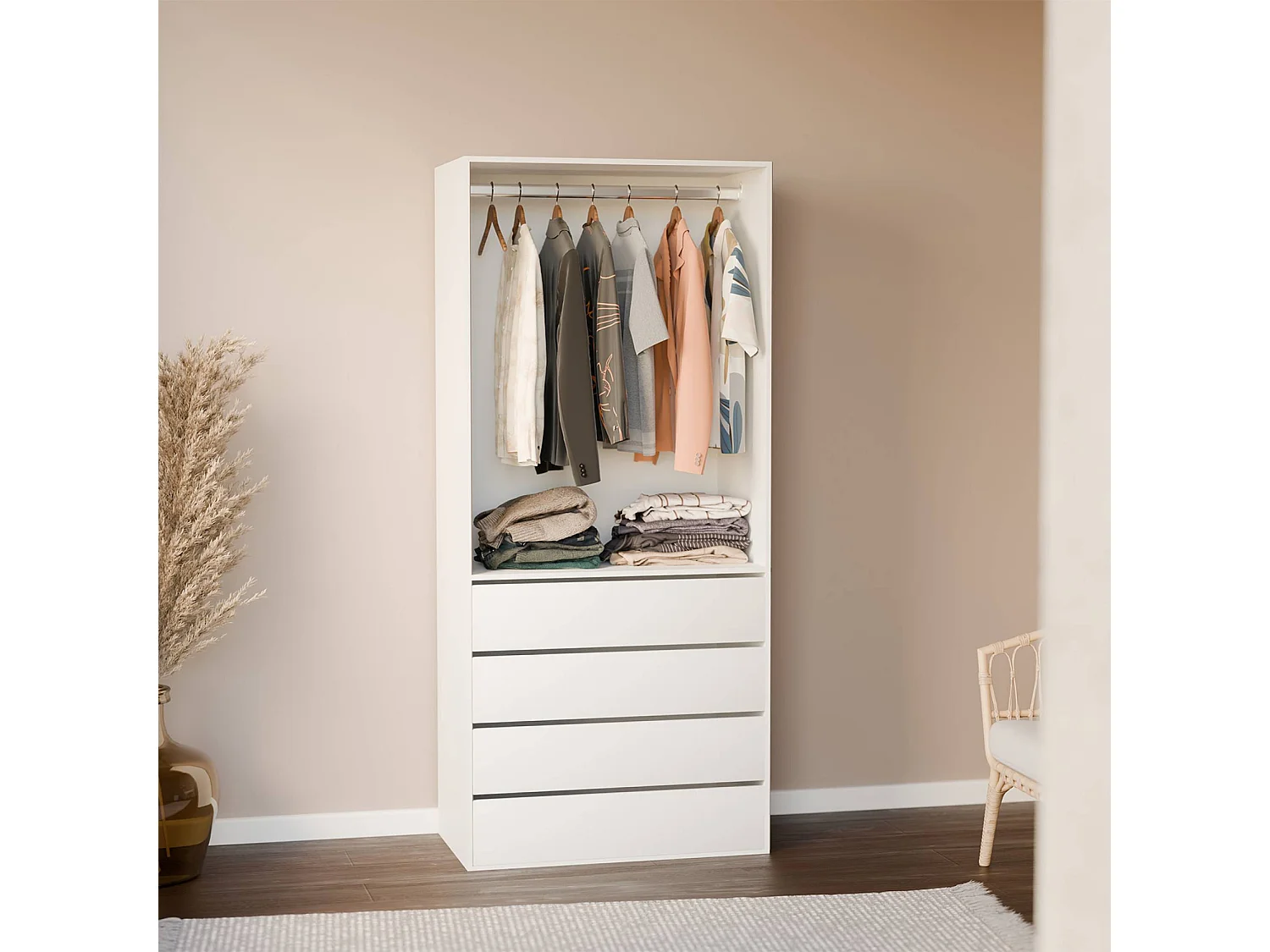 Module dressing avec 4 tiroirs et 1 penderie blanc. panneaux stratifiés