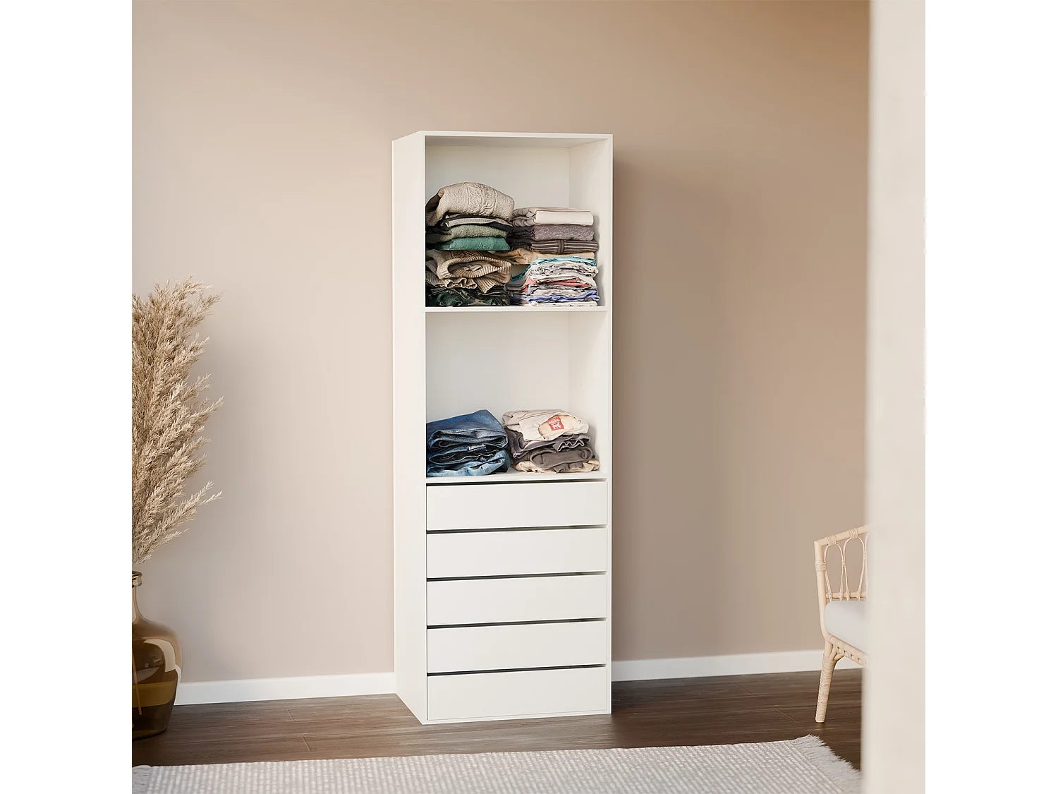 Module dressing avec 5 tiroirs et 2 étagères. blanc.  panneaux stratifiés