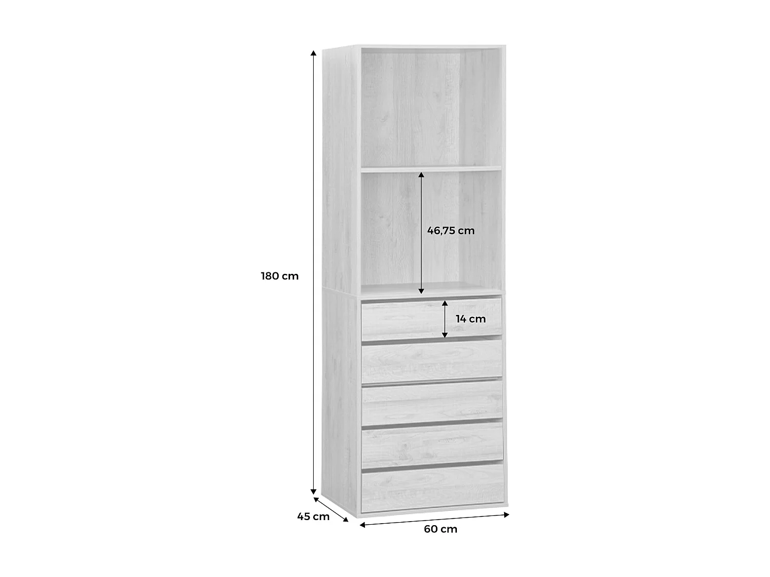 Module dressing avec 5 tiroirs et 2 étagères. blanc.  panneaux stratifiés