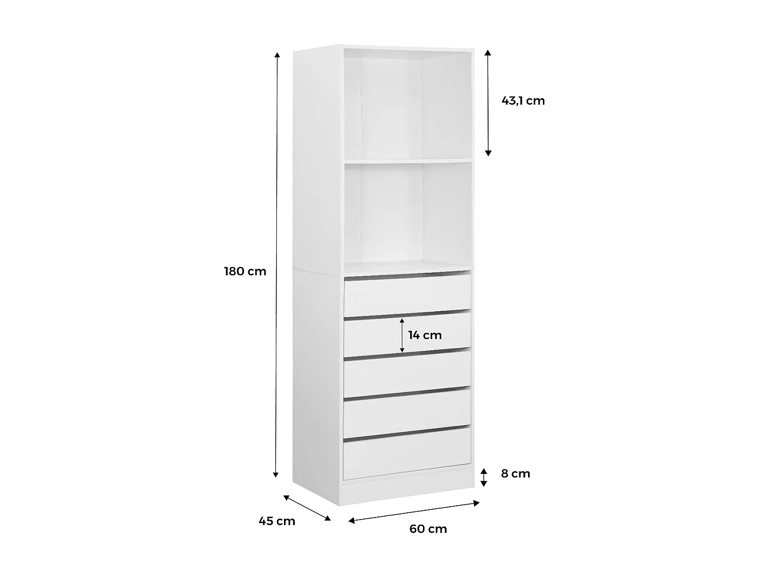 Module dressing avec 5 tiroirs et 2 étagères. blanc.  panneaux stratifiés