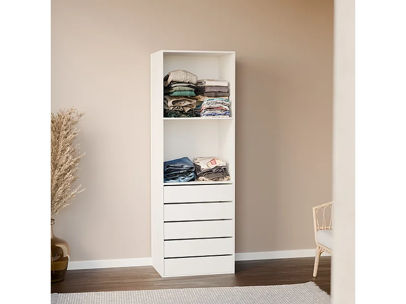 Module dressing avec 5 tiroirs et 2 étagères. blanc.  panneaux stratifiés