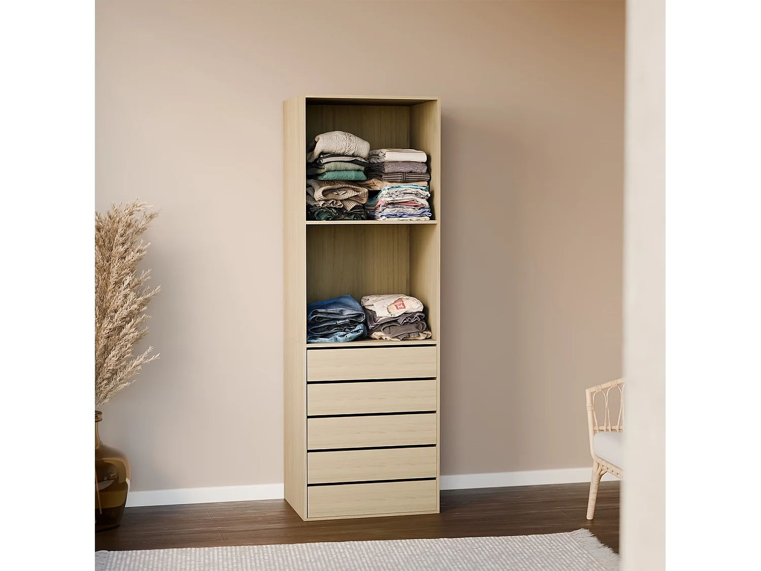 Modulo armadio con 5 cassetti e 2 ripiani, marrone naturale