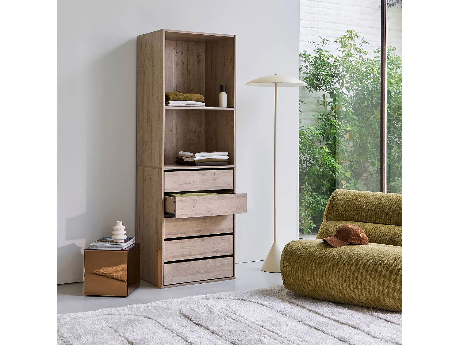 Modulo armadio con 5 cassetti e 2 ripiani, Modulo, Marrone naturale, 60x45x180 cm