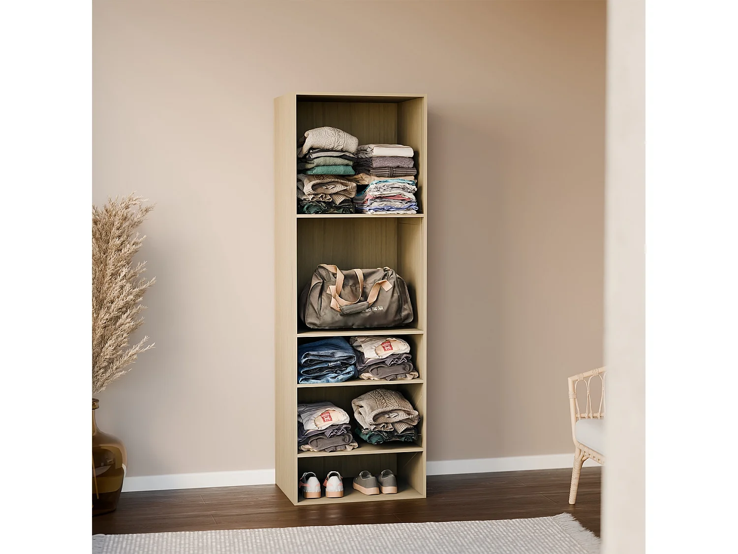 Module dressing avec 5 étagères. couleur naturel. panneaux stratifiés