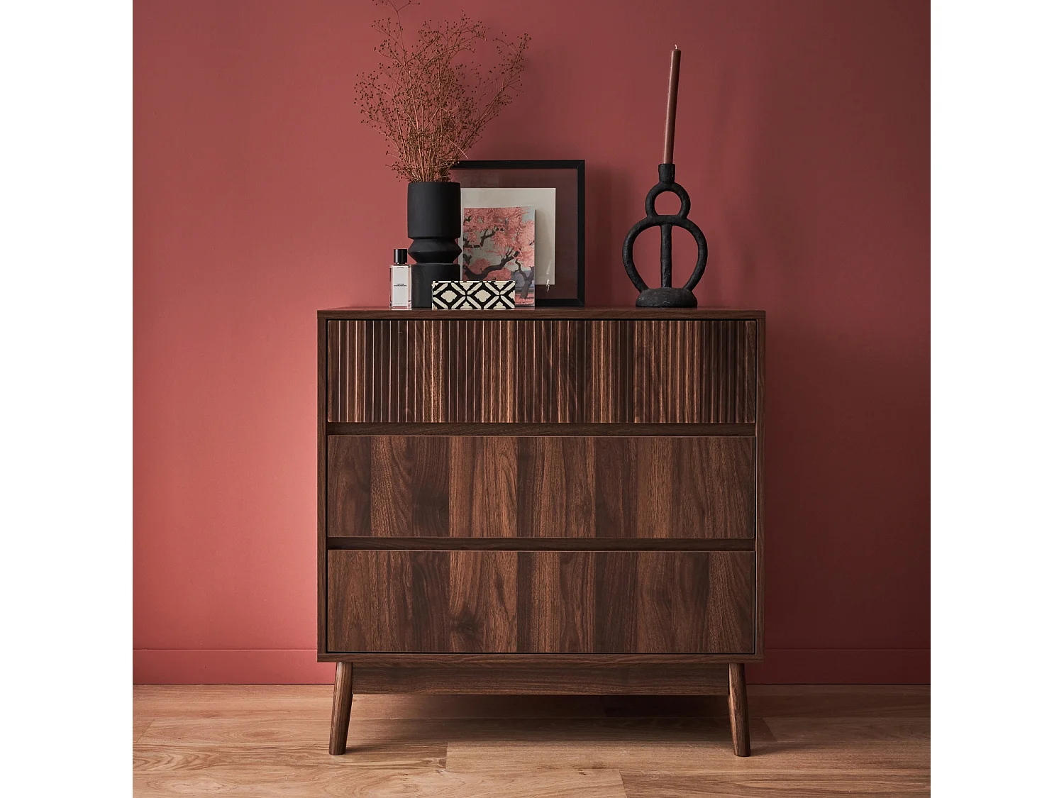 Cómoda con efecto madera, 3 cajones madera oscura