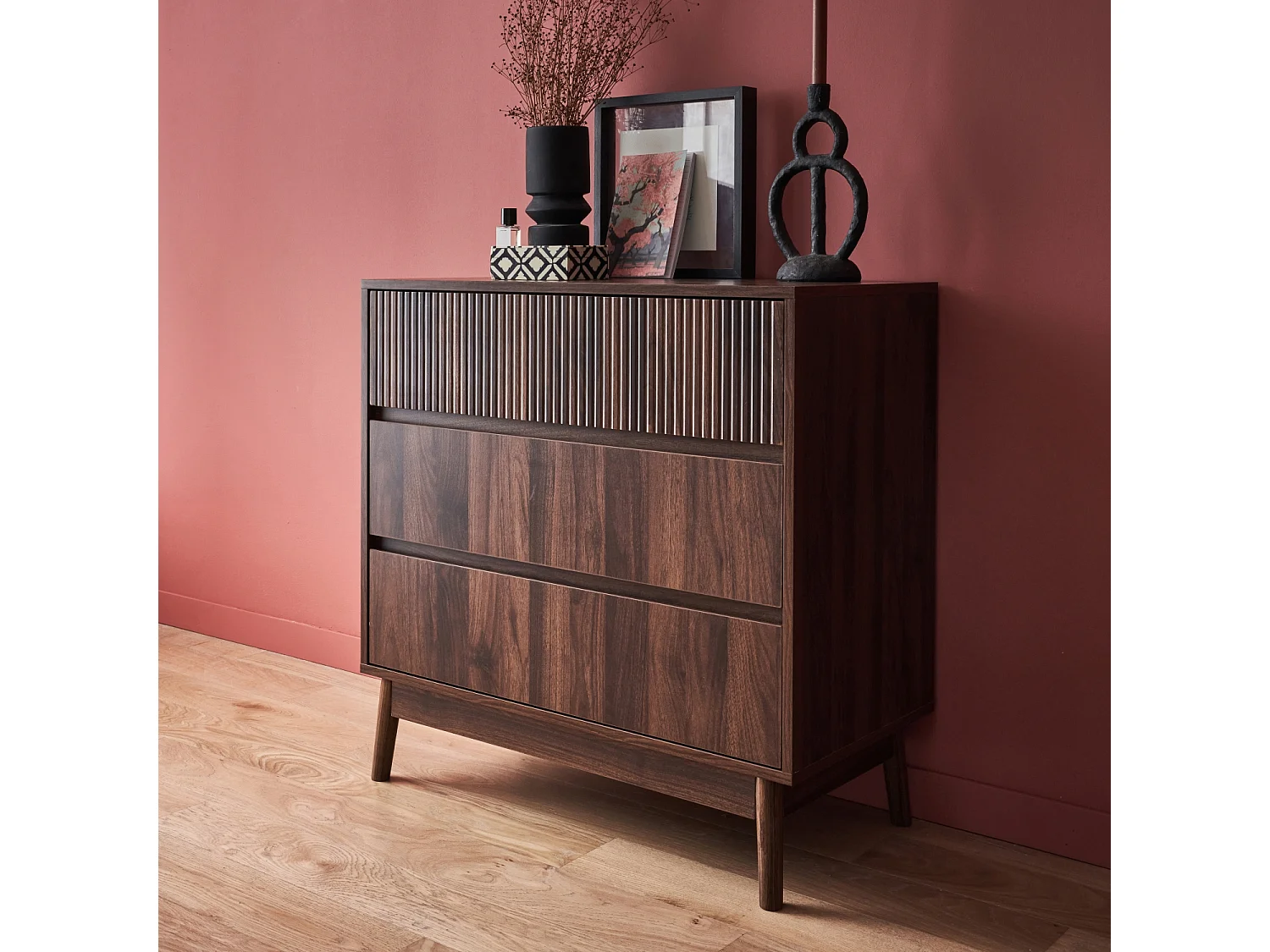 Cómoda con efecto madera, 3 cajones madera oscura